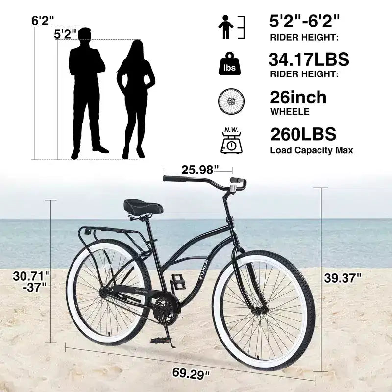 Okak 26IN Single Speed Cruiser Bikes with Steel Frame, Adult Bike with Wide Wheels and Rear Coaster Brakes, Bicycle for Mens and Women