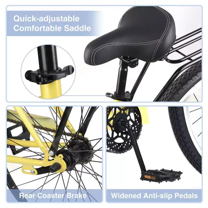 Okak 26IN Single Speed Cruiser Bikes with Steel Frame, Adult Bike with Wide Wheels and Rear Coaster Brakes, Bicycle for Mens and Women