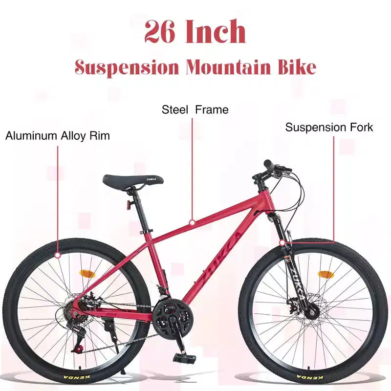 Okak 26IN Adult Bike with 24 Speed and Suspension Fork, Mountain Bike with KENDA Tires and Disk Brake, Fat Tire Bike for Men and Women