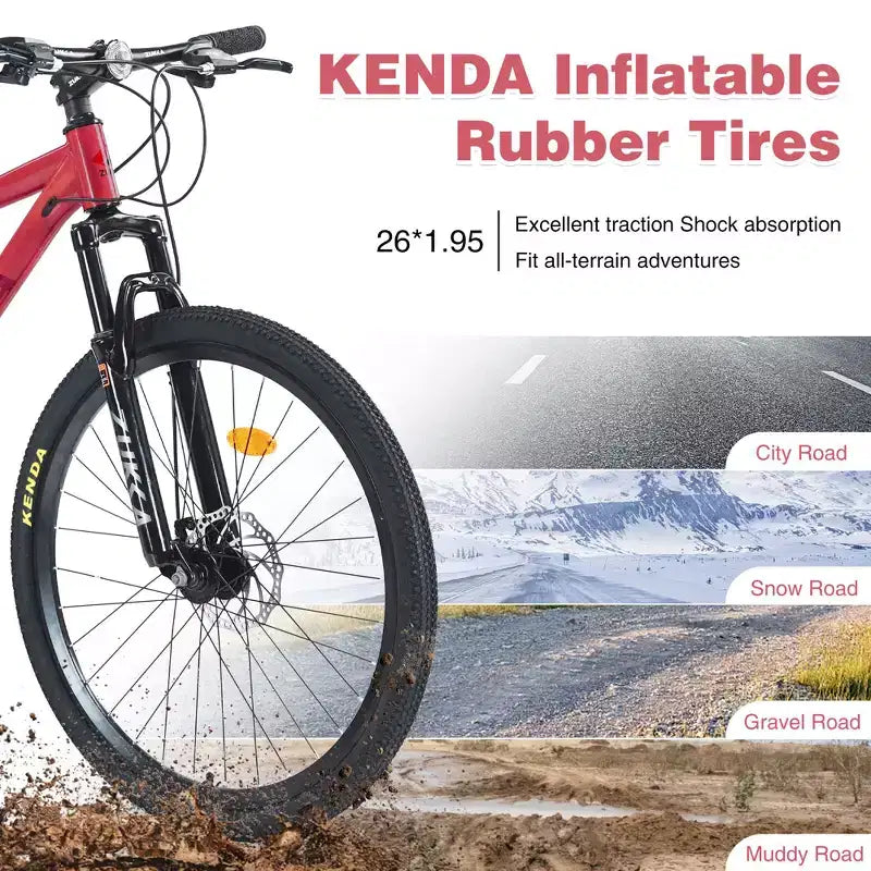 Okak 26IN Adult Bike with 24 Speed and Suspension Fork, Mountain Bike with KENDA Tires and Disk Brake, Fat Tire Bike for Men and Women