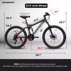 Okak 27.5IN Mountain Bike with Front and Rear Dual Shock Absorbers, 21-Speed Dirt Bike with Mechanical Disc Brake, Adult Bike for Men and Women