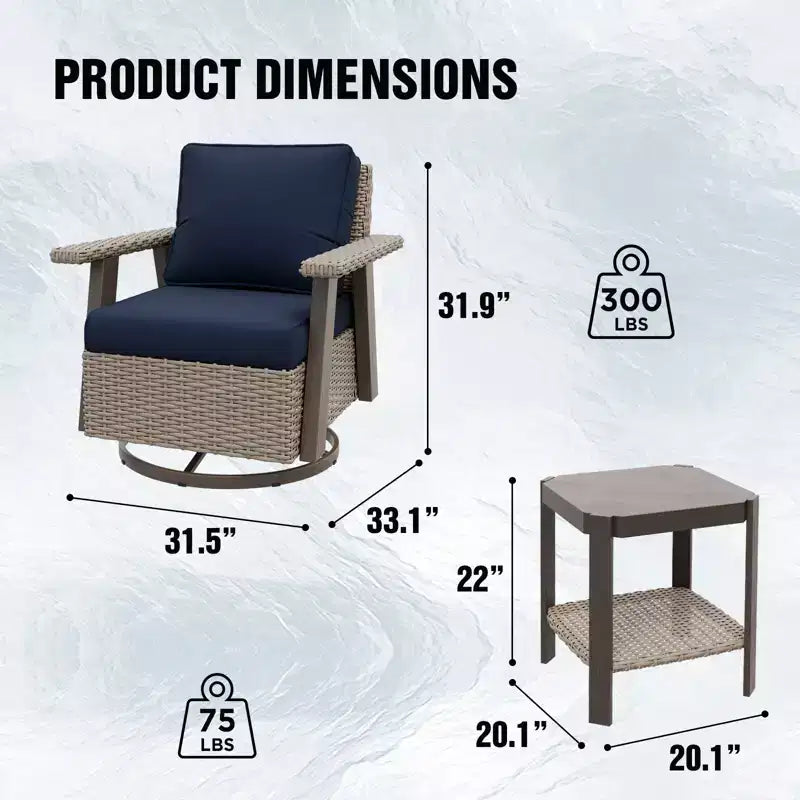 EAGLE PEAK Classic 2-Piece Patio Bistro Set with Swivel Rocker Chair and Side Table, 360 Swivel Wicker Outdoor Furniture
