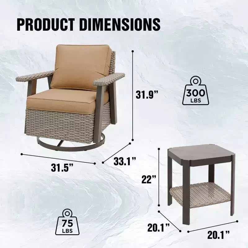 EAGLE PEAK Classic 2-Piece Patio Bistro Set with Swivel Rocker Chair and Side Table, 360 Swivel Wicker Outdoor Furniture