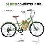 Okak 24IN Cruiser Bikes with Large Basket, 6 Speed Adult Bike with Steel Frame and Disk Brake, Commuter Bike for Men and Women