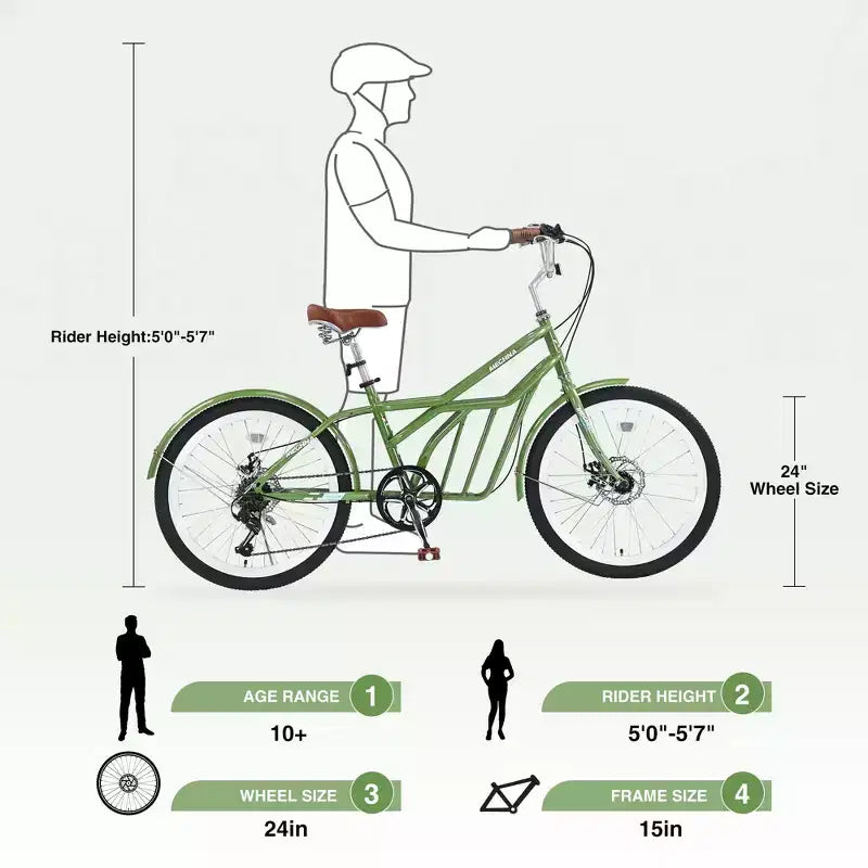 Okak 24IN Cruiser Bikes with Large Basket, 6 Speed Adult Bike with Steel Frame and Disk Brake, Commuter Bike for Men and Women