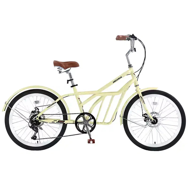 Okak 24IN Cruiser Bikes with Large Basket, 6 Speed Adult Bike with Steel Frame and Disk Brake, Commuter Bike for Men and Women