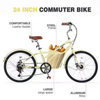 Okak 24IN Cruiser Bikes with Large Basket, 6 Speed Adult Bike with Steel Frame and Disk Brake, Commuter Bike for Men and Women