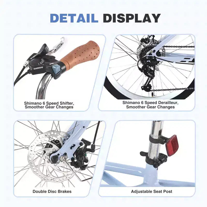 Okak 24IN Cruiser Bikes with Large Basket, 6 Speed Adult Bike with Steel Frame and Disk Brake, Commuter Bike for Men and Women