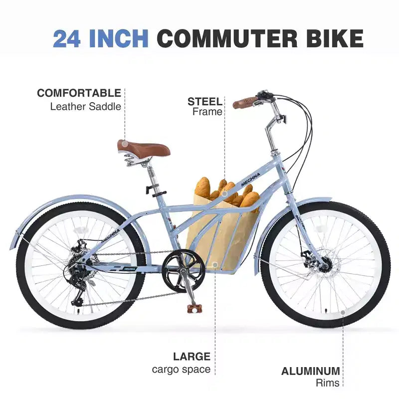 Okak 24IN Cruiser Bikes with Large Basket, 6 Speed Adult Bike with Steel Frame and Disk Brake, Commuter Bike for Men and Women