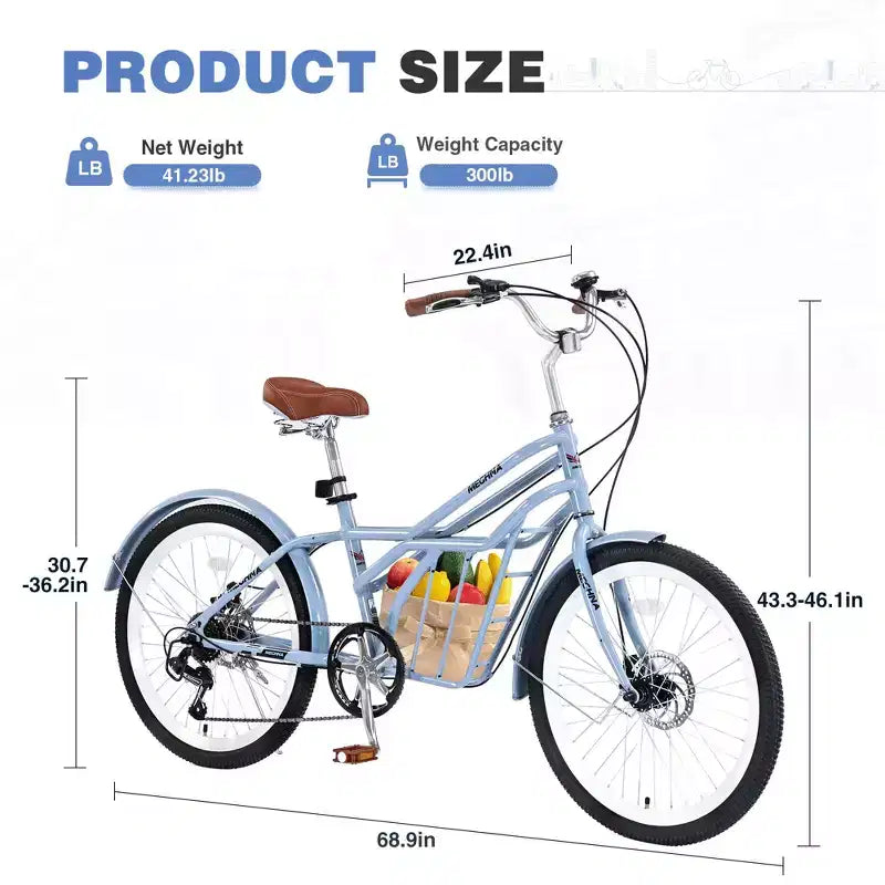 Okak 24IN Cruiser Bikes with Large Basket, 6 Speed Adult Bike with Steel Frame and Disk Brake, Commuter Bike for Men and Women