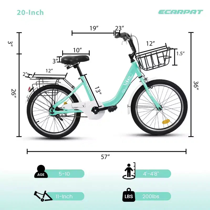 Okak 20IN Kids Bike with Lightweight Steel Frame, Kids Cruiser Bikes with Coaster Brake & V-Brake, Mini Bike with Chain Guard & Rear Rack