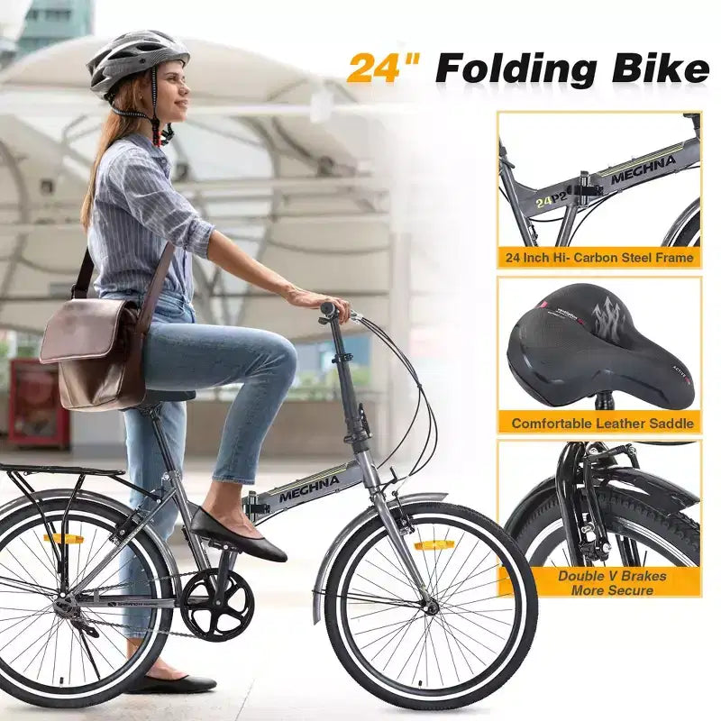 Okak 24IN Folding Bike with Fenders and Dual V-Brake, City Commuter Bicycle with Steel Frame and Shelf, Cruiser Bikes for Men and Women