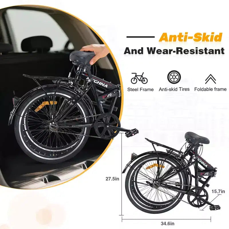 Okak 24IN Folding Bike with Fenders and Dual V-Brake, City Commuter Bicycle with Steel Frame and Shelf, Cruiser Bikes for Men and Women