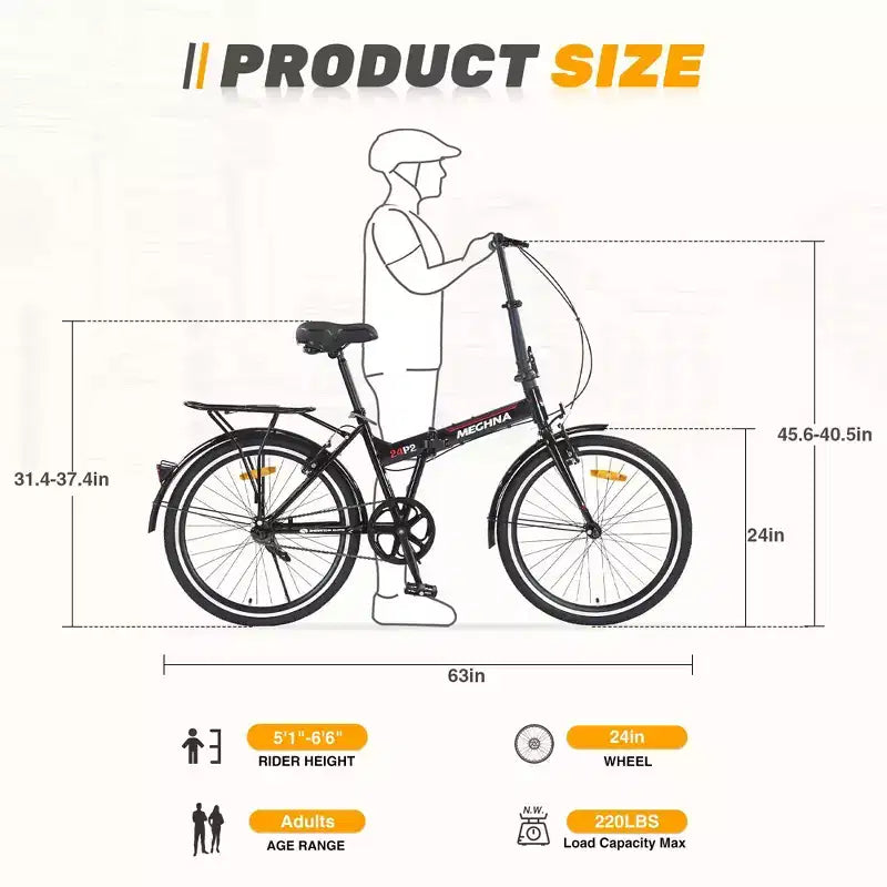 Okak 24IN Folding Bike with Fenders and Dual V-Brake, City Commuter Bicycle with Steel Frame and Shelf, Cruiser Bikes for Men and Women