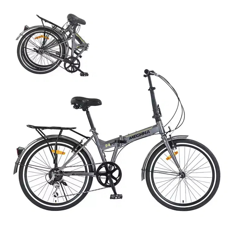 Okak 24IN Folding Bike with Fenders and Dual V-Brake, City Commuter Bicycle with Steel Frame and Shelf, Cruiser Bikes for Men and Women
