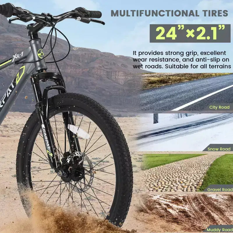 Okak 24IN Mountain Bike with Daul Disc Brakes and Front Suspension, Kids Bike with 21 Speed and Steel Frame, Bicycle for Boys, Girls