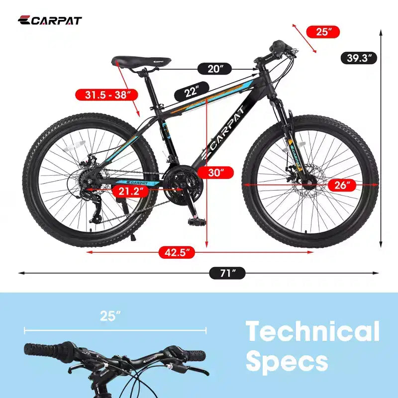 Okak 26IN Mountain Bike with 21 Speeds and Mechanical Disc Brakes, Adult Bike with High-Carbon Steel Frame, Dirt Bike for Kids & Adults