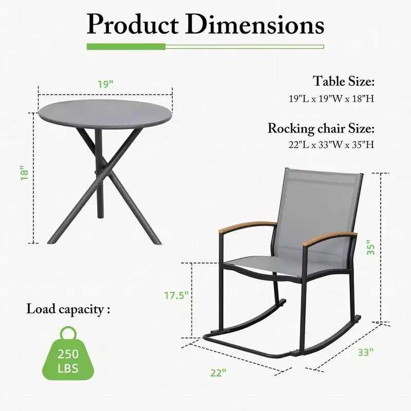 Celebalcony 3 Piece Outdoor Rocking Bistro Set, Textilene Fabric Small Patio Furniture Set with Table for Lawn, Garden, Balcony, Poolside
