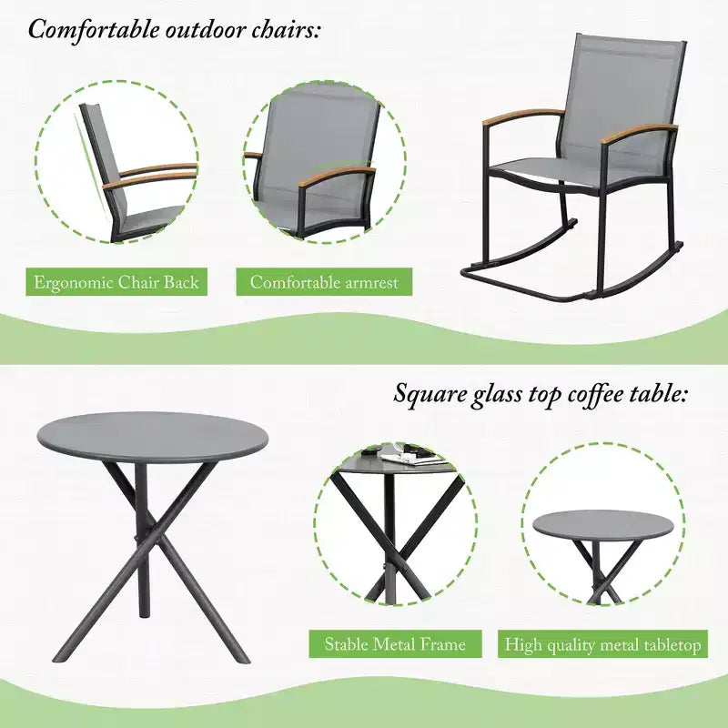 Celebalcony 3 Piece Outdoor Rocking Bistro Set, Textilene Fabric Small Patio Furniture Set with Table for Lawn, Garden, Balcony, Poolside
