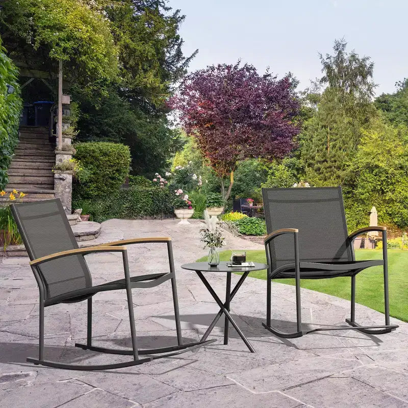 Celebalcony 3 Piece Outdoor Rocking Bistro Set, Textilene Fabric Small Patio Furniture Set with Table for Lawn, Garden, Balcony, Poolside