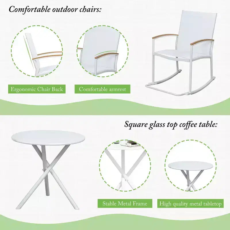 Celebalcony 3 Piece Outdoor Rocking Bistro Set, Textilene Fabric Small Patio Furniture Set with Table for Lawn, Garden, Balcony, Poolside