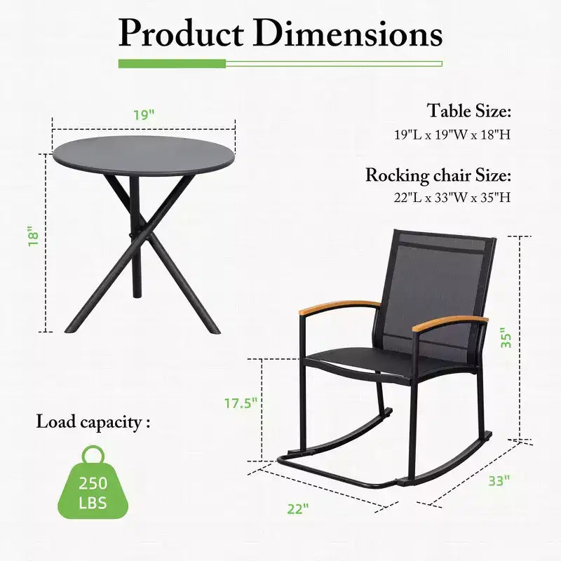 Celebalcony 3 Piece Outdoor Rocking Bistro Set, Textilene Fabric Small Patio Furniture Set with Table for Lawn, Garden, Balcony, Poolside