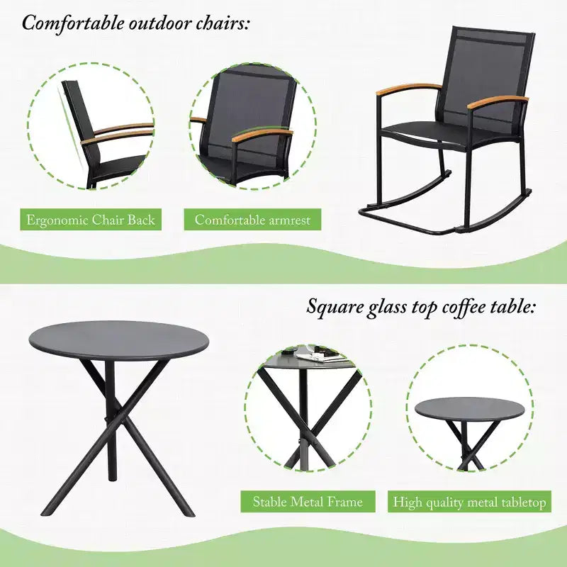 Celebalcony 3 Piece Outdoor Rocking Bistro Set, Textilene Fabric Small Patio Furniture Set with Table for Lawn, Garden, Balcony, Poolside