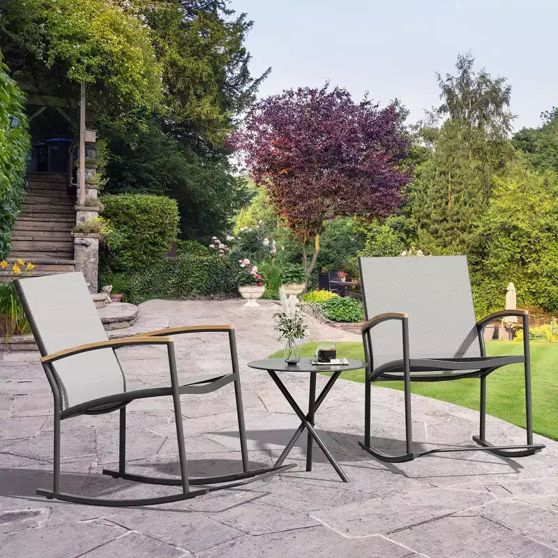 Celebalcony 3 Piece Outdoor Rocking Bistro Set, Textilene Fabric Small Patio Furniture Set with Table for Lawn, Garden, Balcony, Poolside