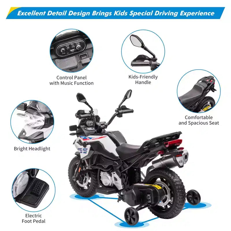 12V Electric Kids Motorcycle with Training Wheels - Battery Powered Ride-on Bike with Music&Realistic Design for Kids 3-8 Years, All-Terrain Ride-on