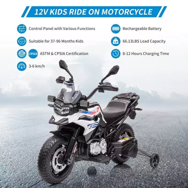 12V Electric Kids Motorcycle with Training Wheels - Battery Powered Ride-on Bike with Music&Realistic Design for Kids 3-8 Years, All-Terrain Ride-on