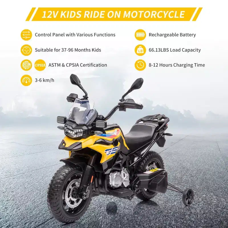 12V Electric Kids Motorcycle with Training Wheels - Battery Powered Ride-on Bike with Music&Realistic Design for Kids 3-8 Years, All-Terrain Ride-on