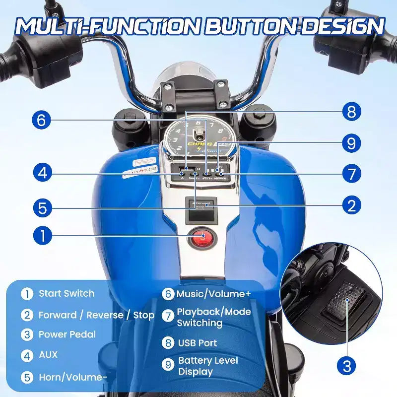 12V Kids Electric Motorcycle w/ Training Wheels, 3-Wheel Ride-on Toy, Reverse, LED Headlight, Horn & Music, 66LB Capacity
