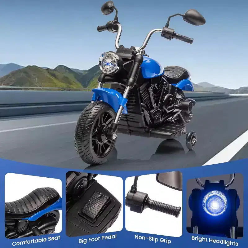 12V Kids Electric Motorcycle w/ Training Wheels, 3-Wheel Ride-on Toy, Reverse, LED Headlight, Horn & Music, 66LB Capacity