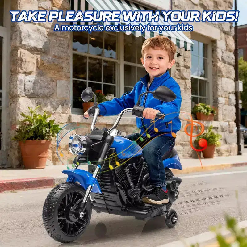 12V Kids Electric Motorcycle w/ Training Wheels, 3-Wheel Ride-on Toy, Reverse, LED Headlight, Horn & Music, 66LB Capacity