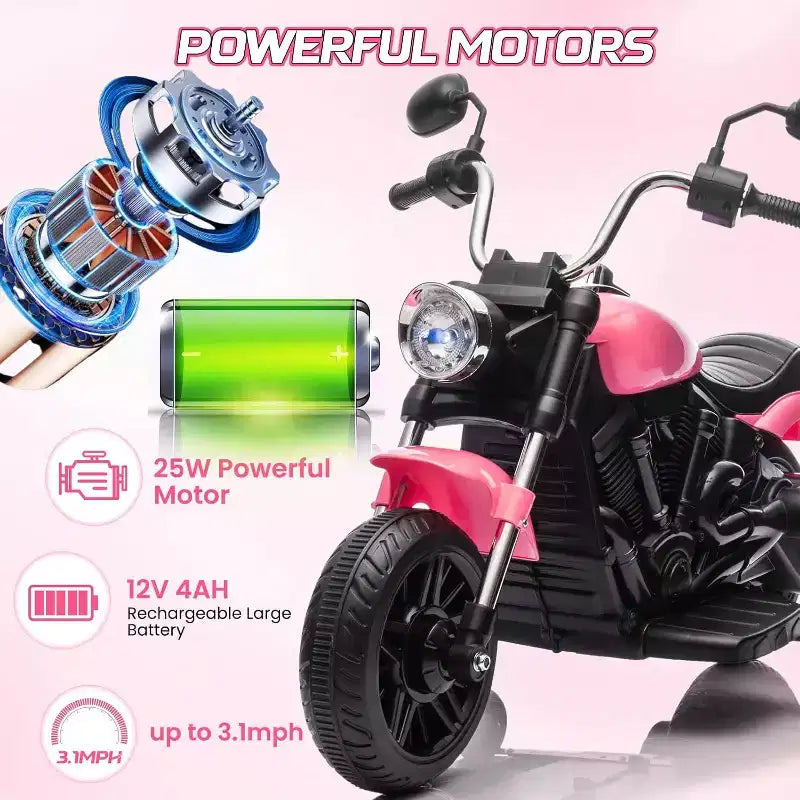 12V Kids Electric Motorcycle w/ Training Wheels, 3-Wheel Ride-on Toy, Reverse, LED Headlight, Horn & Music, 66LB Capacity