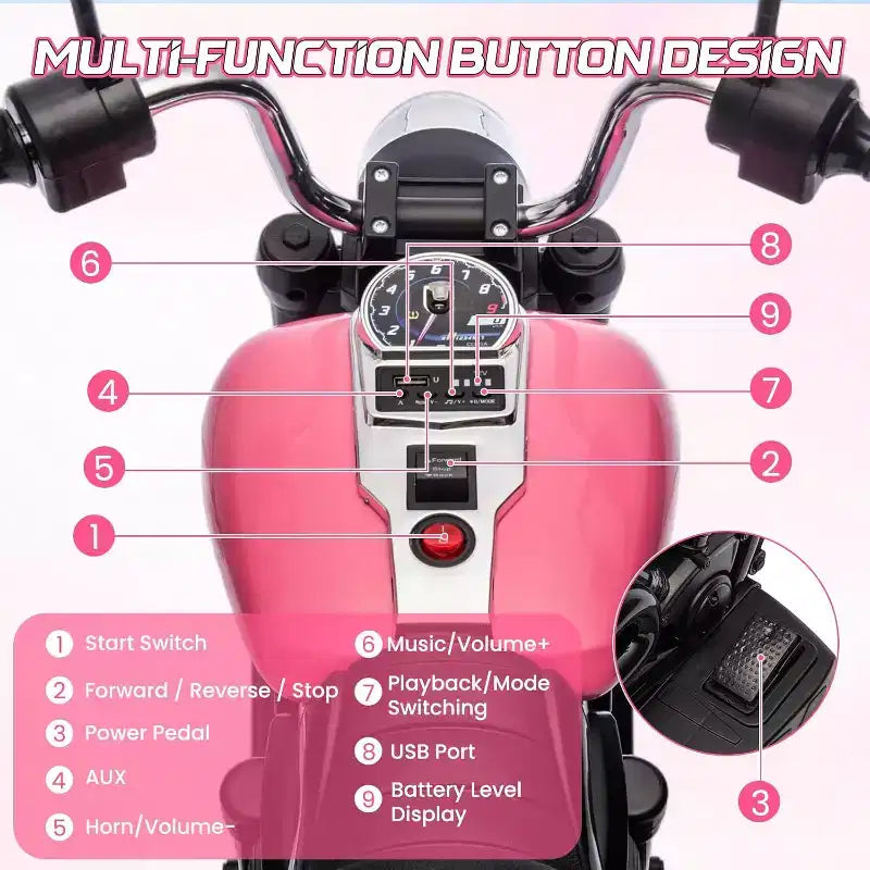 12V Kids Electric Motorcycle w/ Training Wheels, 3-Wheel Ride-on Toy, Reverse, LED Headlight, Horn & Music, 66LB Capacity