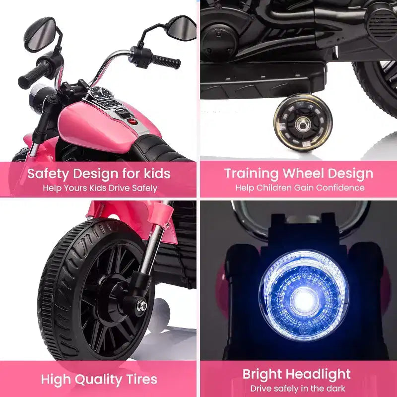 12V Kids Electric Motorcycle w/ Training Wheels, 3-Wheel Ride-on Toy, Reverse, LED Headlight, Horn & Music, 66LB Capacity
