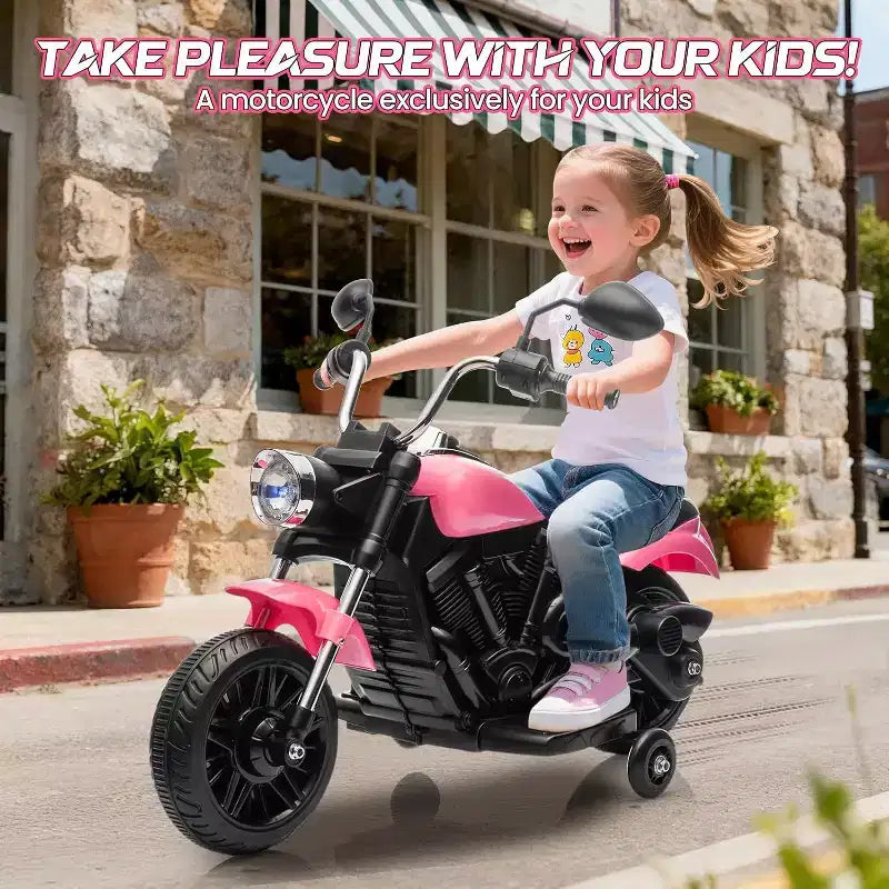 12V Kids Electric Motorcycle w/ Training Wheels, 3-Wheel Ride-on Toy, Reverse, LED Headlight, Horn & Music, 66LB Capacity