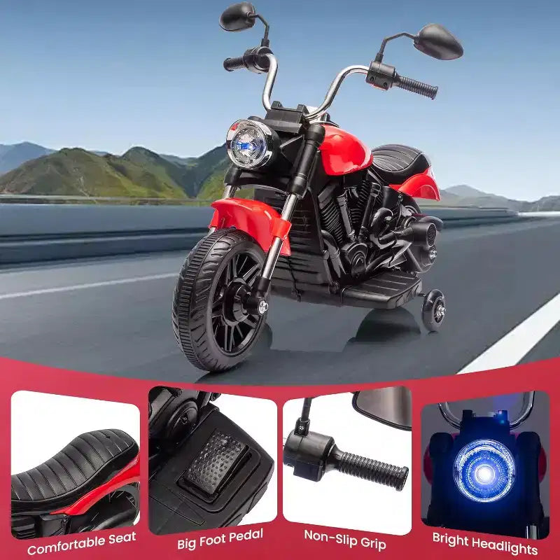 12V Kids Electric Motorcycle w/ Training Wheels, 3-Wheel Ride-on Toy, Reverse, LED Headlight, Horn & Music, 66LB Capacity