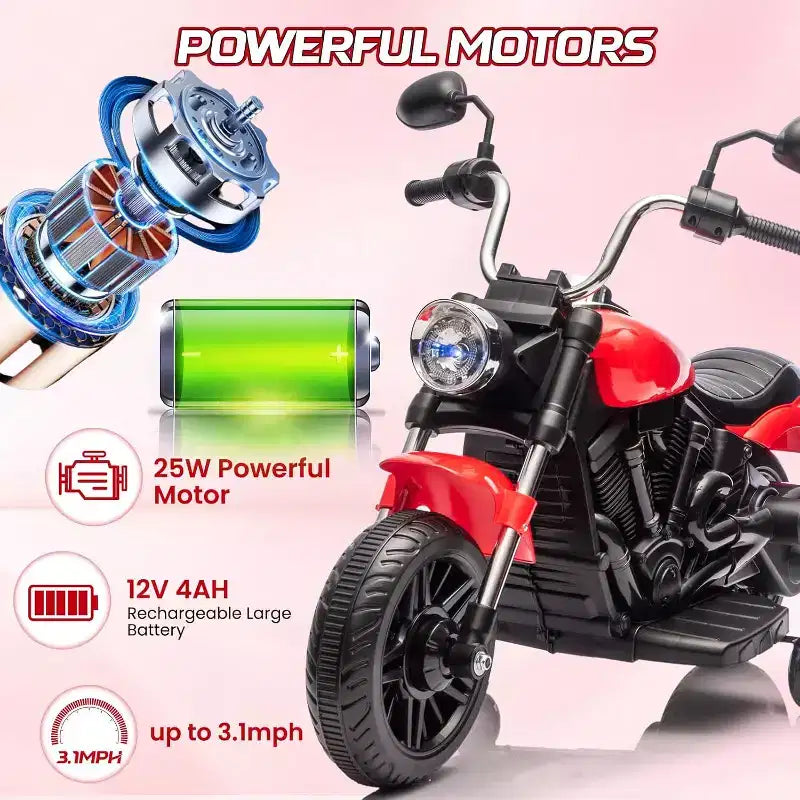 12V Kids Electric Motorcycle w/ Training Wheels, 3-Wheel Ride-on Toy, Reverse, LED Headlight, Horn & Music, 66LB Capacity