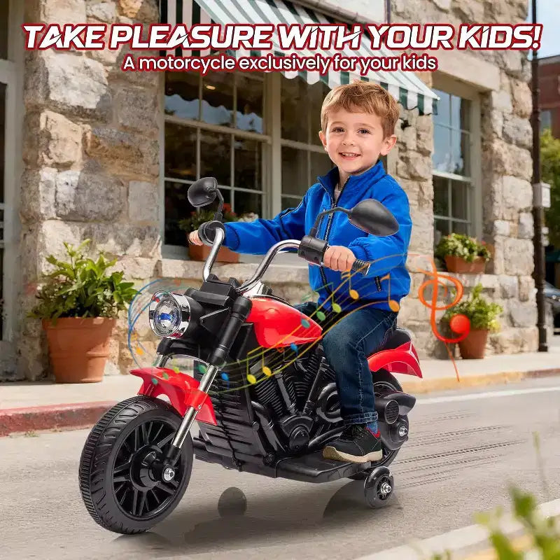 12V Kids Electric Motorcycle w/ Training Wheels, 3-Wheel Ride-on Toy, Reverse, LED Headlight, Horn & Music, 66LB Capacity