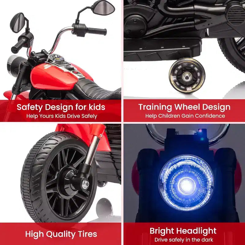 12V Kids Electric Motorcycle w/ Training Wheels, 3-Wheel Ride-on Toy, Reverse, LED Headlight, Horn & Music, 66LB Capacity