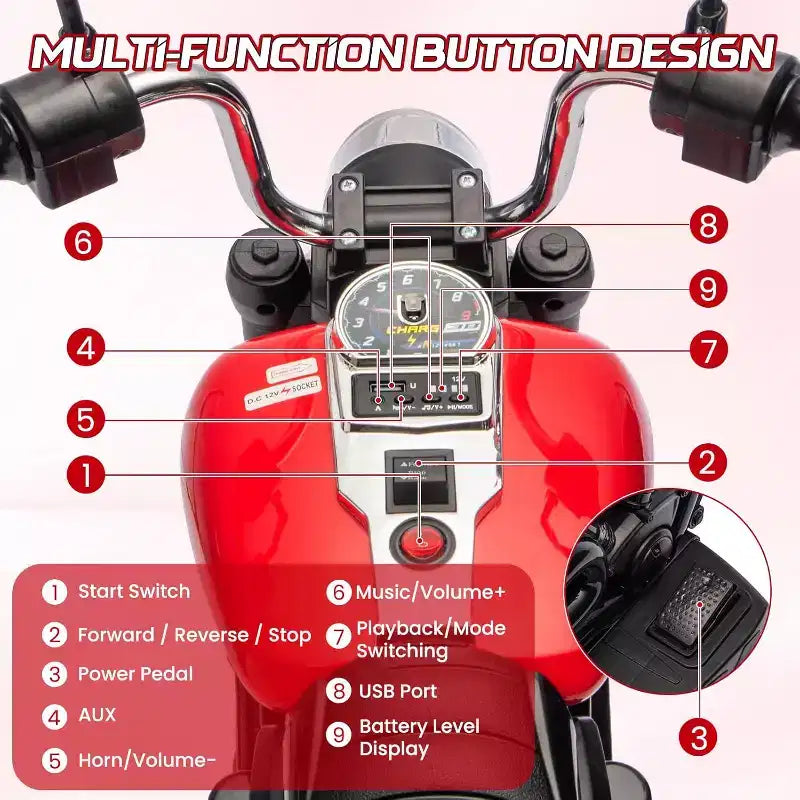 12V Kids Electric Motorcycle w/ Training Wheels, 3-Wheel Ride-on Toy, Reverse, LED Headlight, Horn & Music, 66LB Capacity