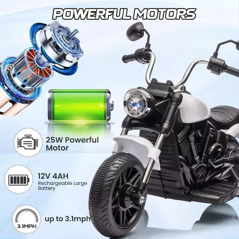 12V Kids Electric Motorcycle w/ Training Wheels, 3-Wheel Ride-on Toy, Reverse, LED Headlight, Horn & Music, 66LB Capacity