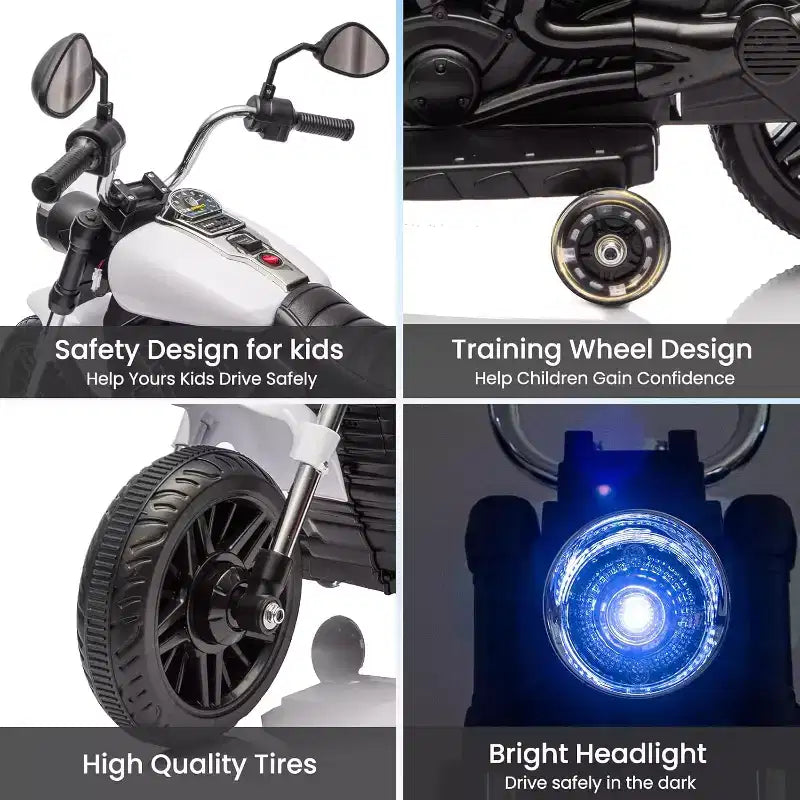 12V Kids Electric Motorcycle w/ Training Wheels, 3-Wheel Ride-on Toy, Reverse, LED Headlight, Horn & Music, 66LB Capacity