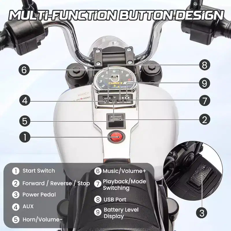 12V Kids Electric Motorcycle w/ Training Wheels, 3-Wheel Ride-on Toy, Reverse, LED Headlight, Horn & Music, 66LB Capacity