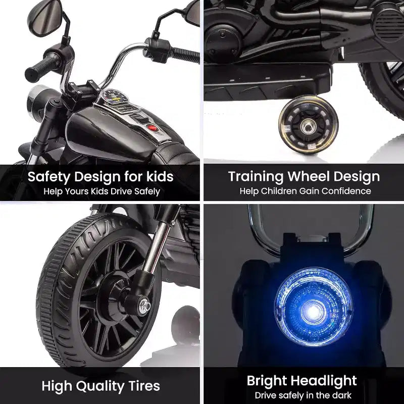 12V Kids Electric Motorcycle w/ Training Wheels, 3-Wheel Ride-on Toy, Reverse, LED Headlight, Horn & Music, 66LB Capacity