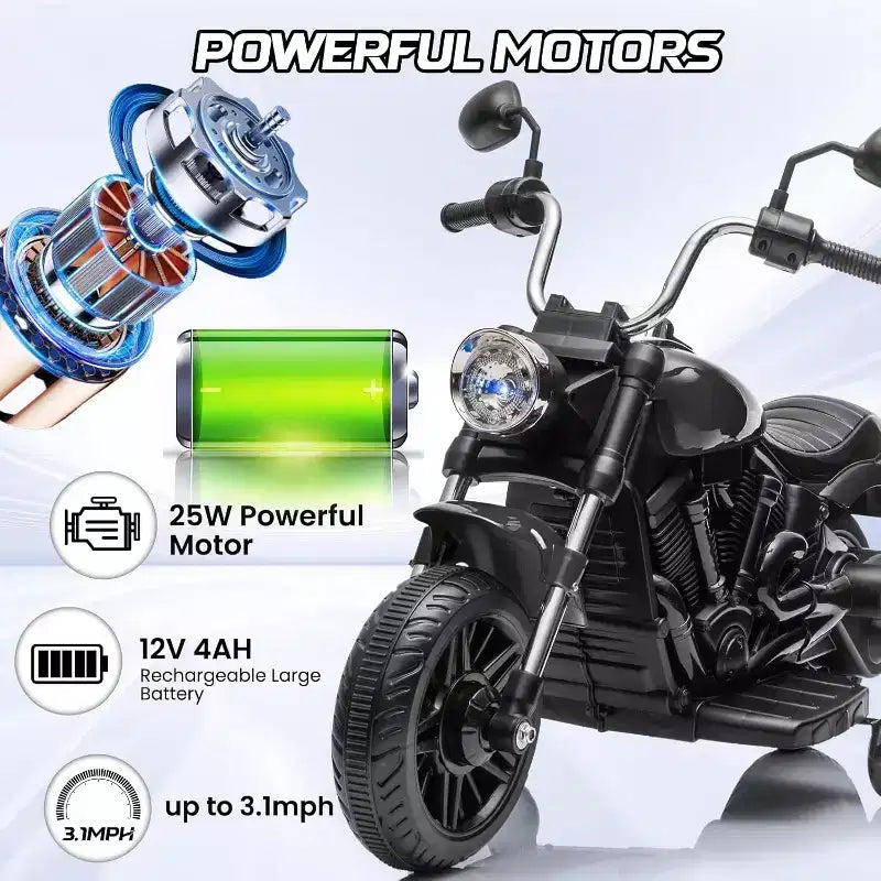 12V Kids Electric Motorcycle w/ Training Wheels, 3-Wheel Ride-on Toy, Reverse, LED Headlight, Horn & Music, 66LB Capacity