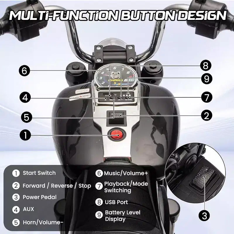 12V Kids Electric Motorcycle w/ Training Wheels, 3-Wheel Ride-on Toy, Reverse, LED Headlight, Horn & Music, 66LB Capacity