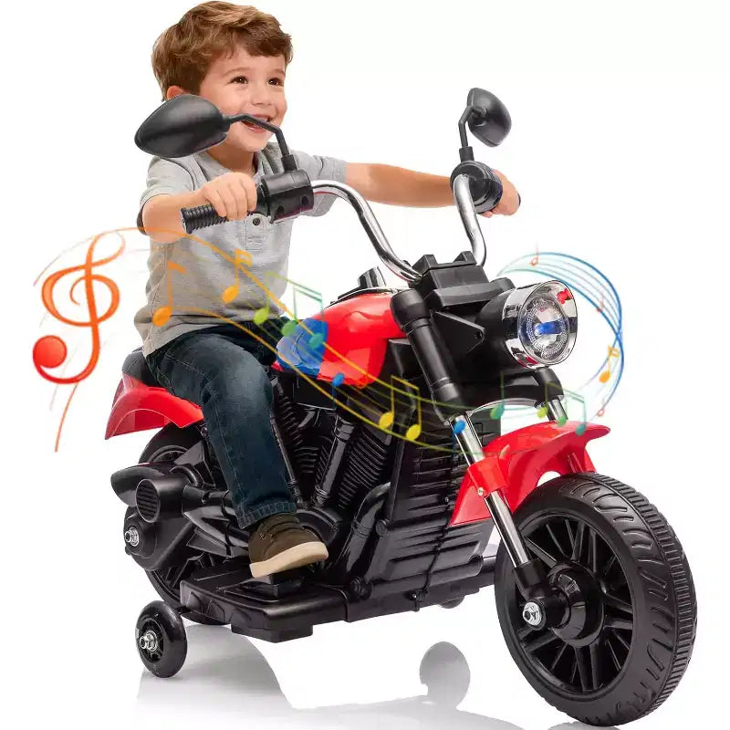 12V Kids Electric Motorcycle w/ Training Wheels, 3-Wheel Ride-on Toy, Reverse, LED Headlight, Horn & Music, 66LB Capacity